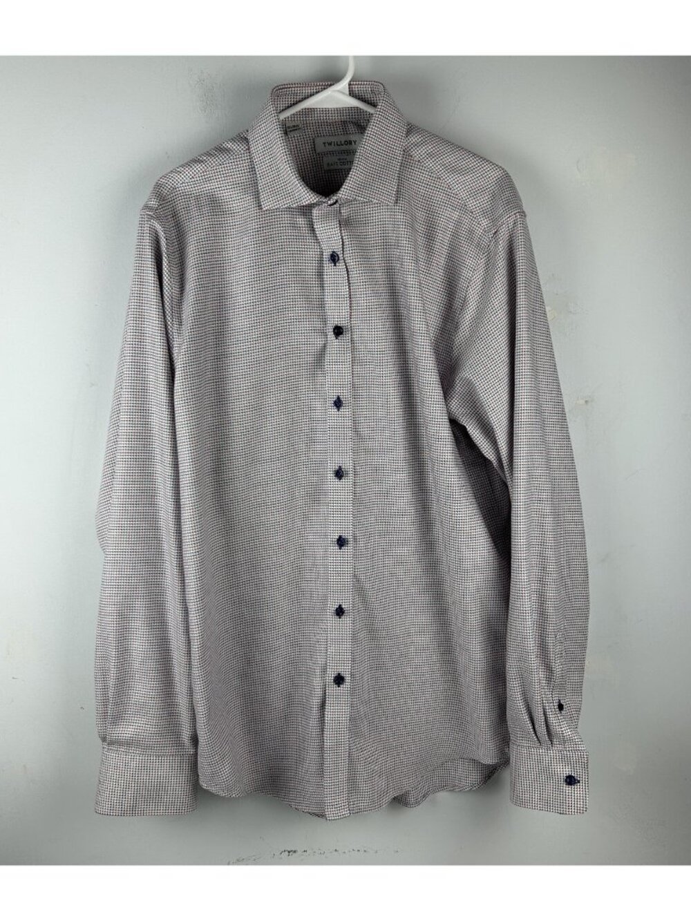 Twillory Mens 16.5 36-37 Red Blue Houndstooth NonIron Safe Cotton Dress Shirt